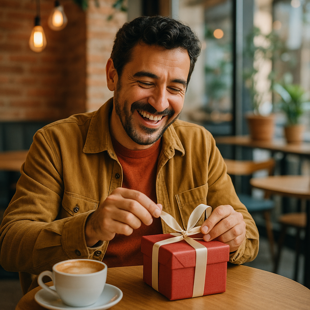 Hombre español de mediana edad sonriendo en una cafetería mientras abre un regalo envuelto en papel rojo con lazo crema, con una taza de café sobre la mesa.