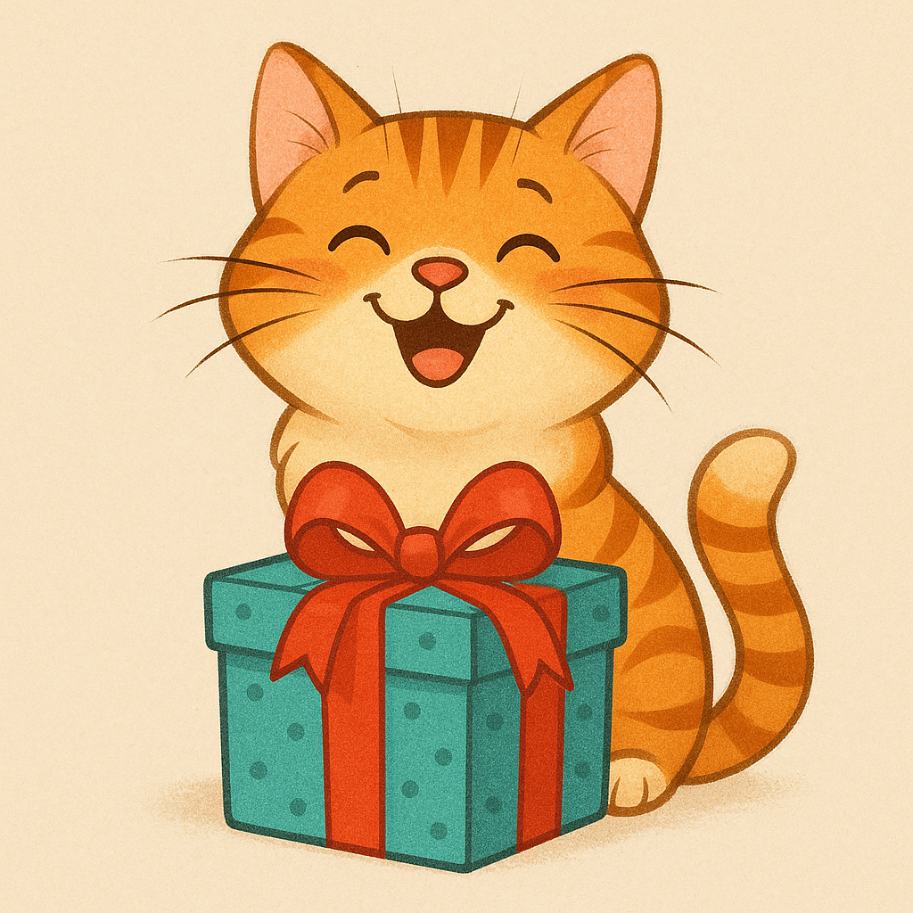 Gato naranja feliz sentado detrás de una caja de regalo envuelta con lazo rojo.