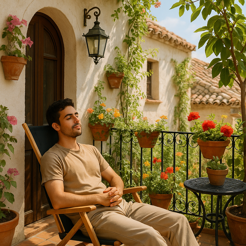 Un joven de piel clara y cabello oscuro, con barba ligera, se relaja en una silla de madera en un balcón español lleno de macetas con flores de colores vivos como rojo, rosa, naranja y amarillo. El balcón tiene suelo de baldosas de terracota, barandilla de hierro forjado y paredes de estuco blanco con enredaderas verdes, creando un ambiente soleado y tranquilo.