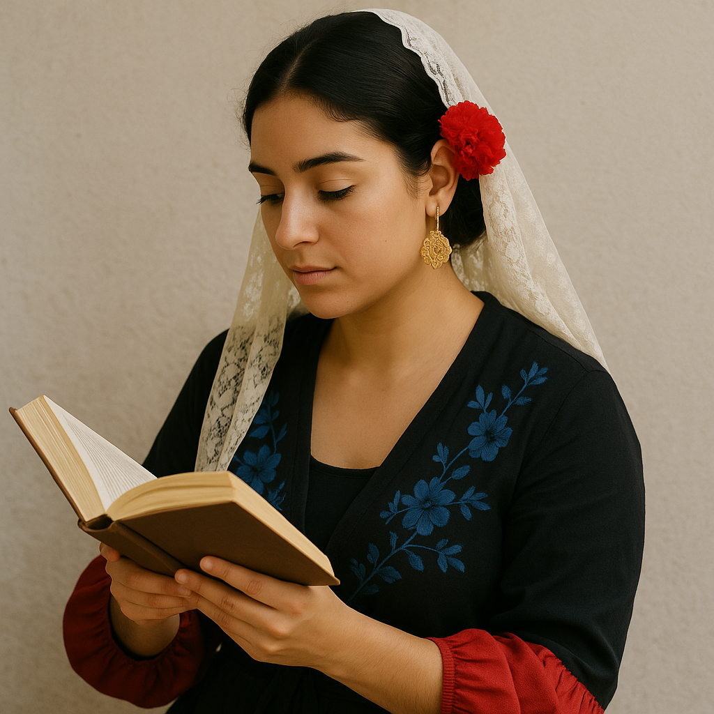 Una joven española con el cabello recogido en un moño bajo, adornado con un clavel rojo y una mantilla de encaje, lee concentrada un libro entre sus manos. Lleva pendientes dorados y un vestido negro con bordados florales azules y mangas rojas, sentada frente a una pared clara iluminada por luz natural.