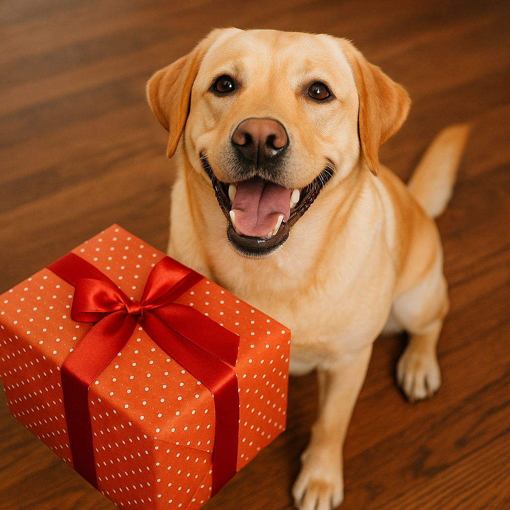 Un perro labrador amarillo sonriente sentado en un suelo de madera junto a un regalo rojo con lazo de satén.