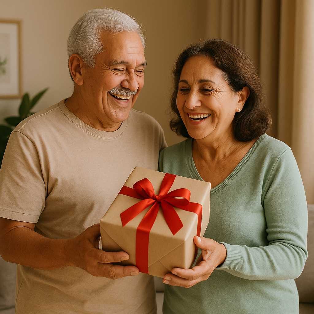 Una pareja de padres mayores sonríe mientras sostiene juntos un regalo envuelto con papel marrón y un lazo rojo, transmitiendo felicidad y complicidad en un ambiente hogareño.