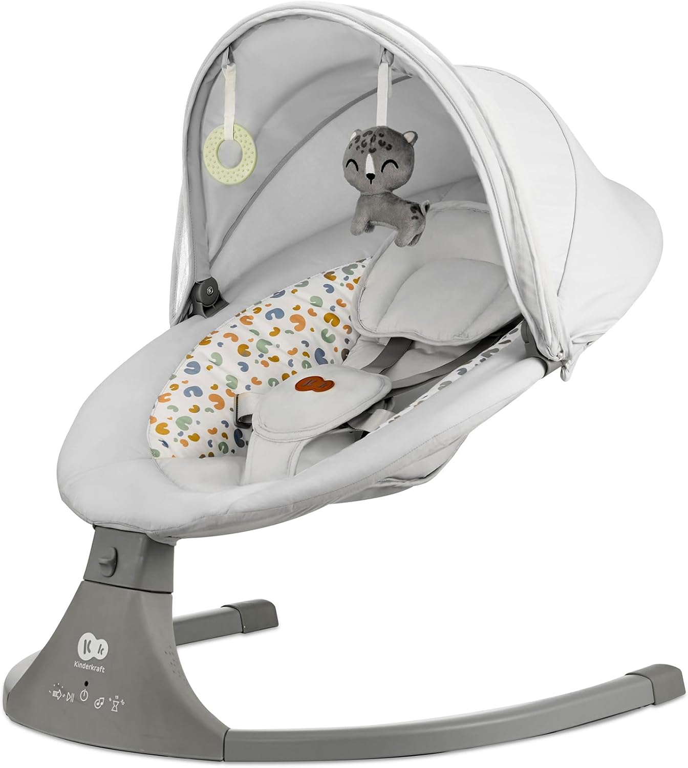 Kinderkraft Hamaca LUMI 2, Columpio eléctrico para bebés, Desde el nacimiento hasta los 9 meses, Altura regulable, 5 modos, 12 melodías, Arco con juguetes, Gris claro