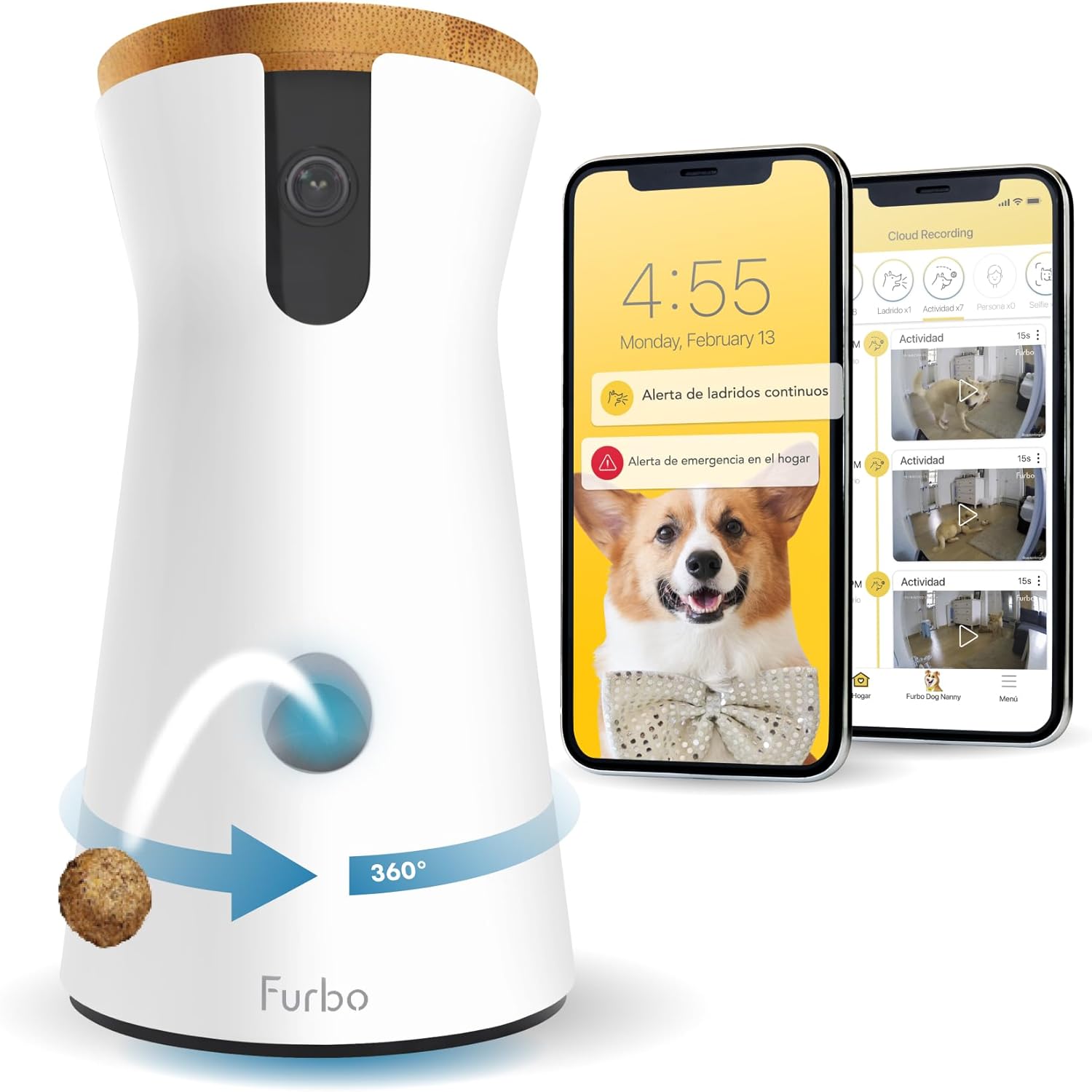 Cámara para perros Furbo 360° + Paquete de seguridad doméstica [PREMIUM CON SUSCRIPCIÓN]: con app para perros y el hogar, vista giratoria de 360°, visión nocturna a color, seguimiento automático, etc.