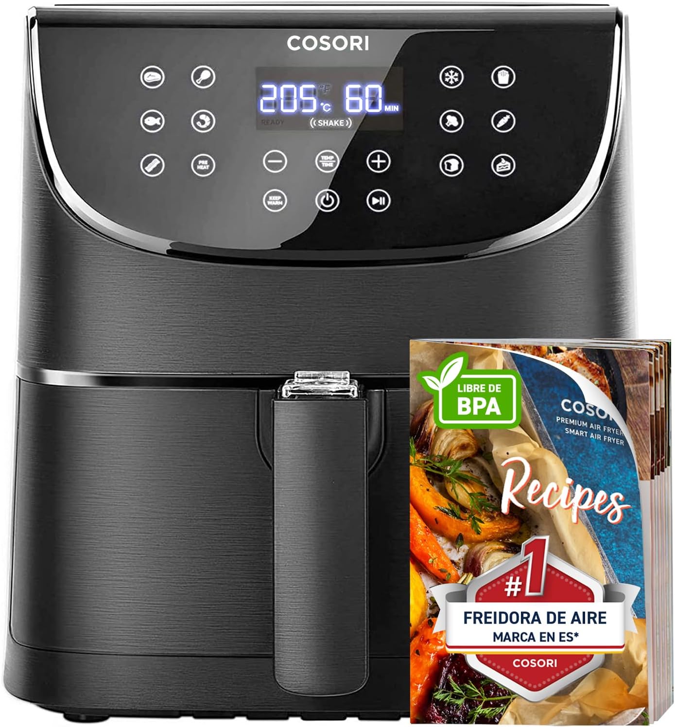 Cosori Freidora de Aire 5.5L Interior Metálico Real, Air Fryer Diseño Antióxido, Tecnología Calefacción Uniforme, 100 Recetas, Reducción de Grasas para una Vida Saludable, Eficiencia Energética, 1700W