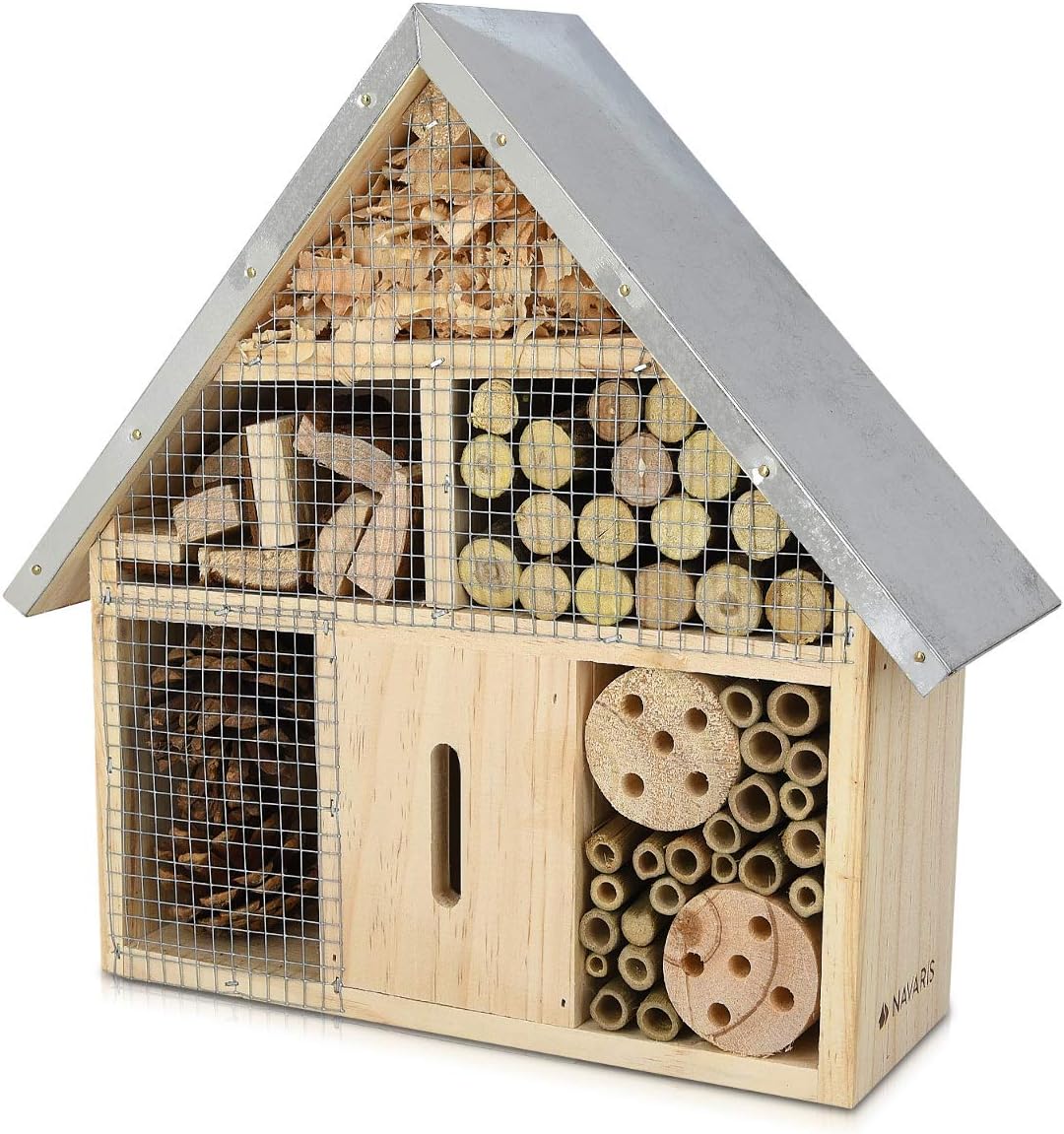 Navaris Hotel de Insectos Madera M - observatorio de Insectos 24,5 x 28 x 7,5cm - casa Natural con Cubierta metálica y Gancho para Diferentes bichos