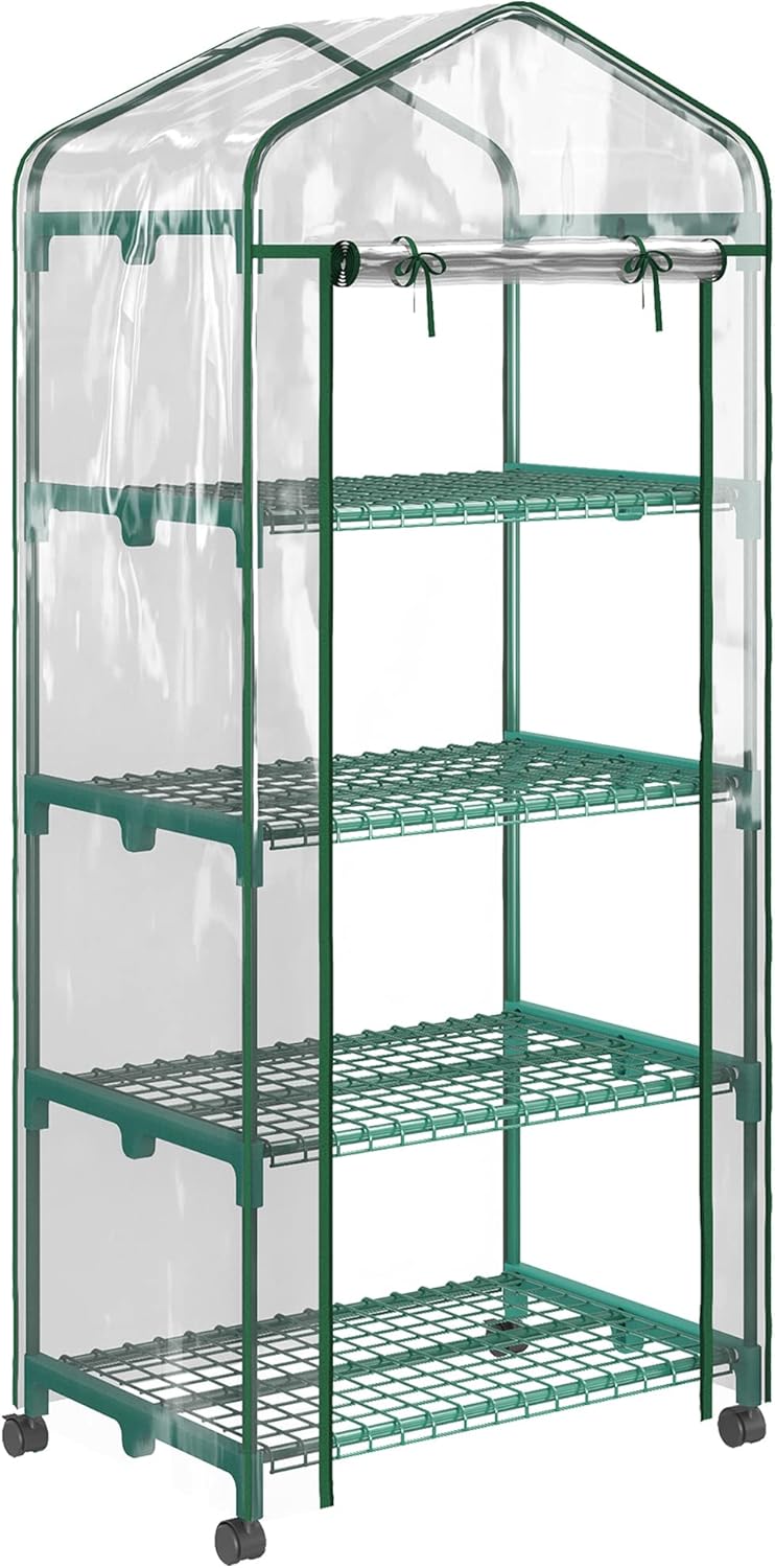 Outsunny Invernadero Pequeño Invernadero de Exterior con Ruedas Estantes de 4 Niveles Puerta con Cremallera y Marco de Acero Invernadero para Cultivar Plantas Flores 69x50x165 cm Transparente