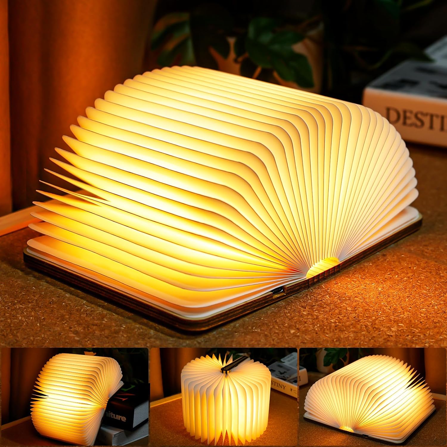 TRUMPETS Lampara Libro Plegable de Madera RGB+Blanco cálido+Blanco, 1200 mAh Carga USB-C, de Noche Ideal Decoracion Casa y Habitacion, Regalo Original Cumpleaños, Navidad.