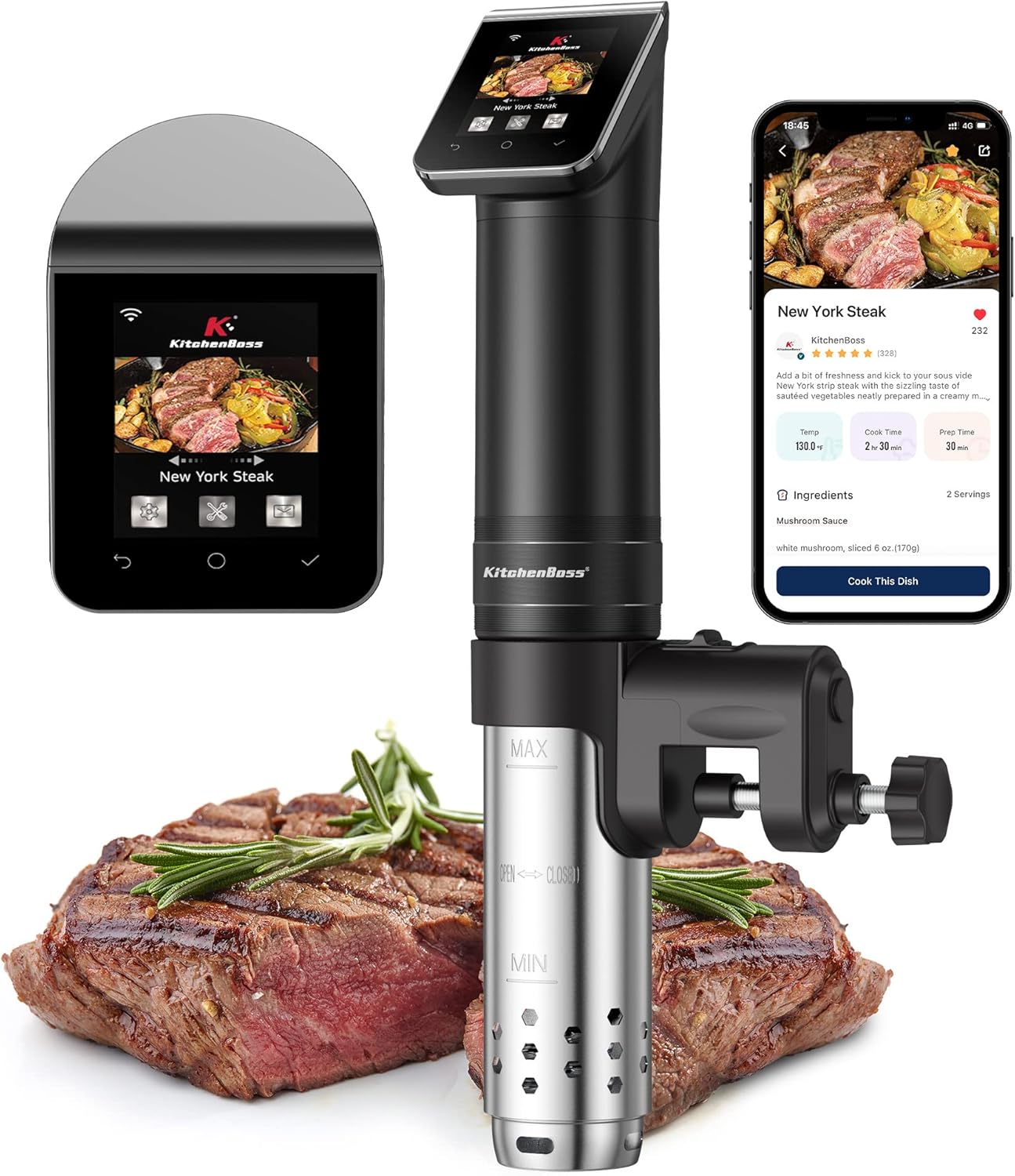 KitchenBoss Wifi Roner Cocina Baja Temperatura: G330 WLAN Sous Vide Roner, 1100W,Inmersión a Prueba de Agua IPX7 Circuladores Control de APP y Temperatura de Precisión TFT táctil Muy tranquilo